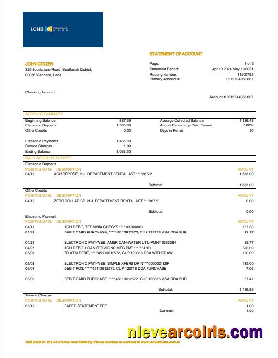 Laos LCNB Bank statement in Word and PDF format